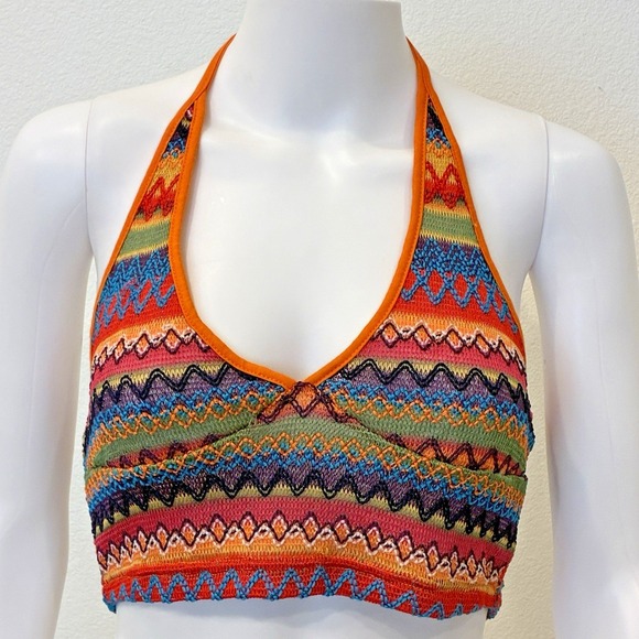 The Unbranded Brand Tops - Womens Colorful Knit Crop Halter Top Size S Coastal Beach Boho Hippie Festival